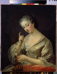 Mujer con pájaro (Lady with a bird). Pintura de Louis Michel Van Loo (1707-1771). Óleo sobre lienzo, 64 x 53,5 cm, siglo XVIII. Arte francés, estilo rococó. Museo del Hermitage, San Petersburgo.
