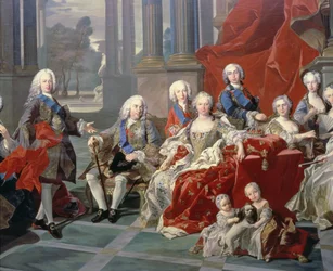 131 0794093/1 La familia de Felipe V de España (1683-1746) detalle que representa al rey, su segunda esposa Isabel Farnesio y el futuro Fernando VI