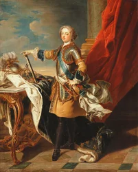 Retrato del rey Luis XV, cuerpo entero, vistiendo media armadura