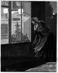 Ante estas ventanas bajas, iluminadas solamente en las calles desiertas, pasa una pequeña sombra y vuelve sin temor... Mujer mirando a través del cristal de un café parisino. En la colección autobiográfica «Trente ans de Paris» de Alphonse Daudet
