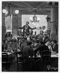 En el centro, sobre una mesa, Desroches dirige el charivari. Escena en un café parisino: la gente canta, bebe, fuma, charla y coquetea alrededor de las mesas. En « Trente ans de Paris », colección autobiográfica de Alphonse Daudet (1840-1897). Grabado