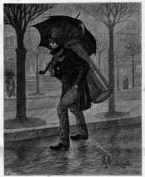 ¡Mala cosecha! ¡Pobre cigarra mojada! ... Tamborilero en la miseria caminando bajo la lluvia en las calles de París. En "Treinta años de París" colección autobiográfica de Alphonse Daudet (1840-1897). Grabado después de las ilustraciones de Montegut en "Le