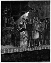 ¡Qué efecto, gran dios, produjo en esta audiencia escéptica esta música rústica... Espectadores escuchando a un tamborilero. En “Treinta años de París” colección autobiográfica de Alphonse Daudet (1840-1897). Grabado después de las ilustraciones de Montegu