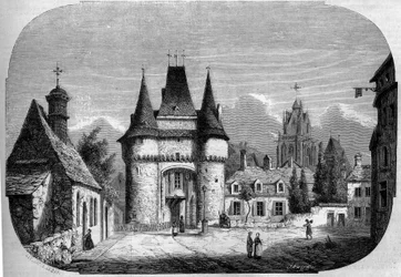 Arquitectura: vista de la puerta Saint Julien (1460-1483), al fondo, vista de la iglesia gótica Notre Dame des Marais (1450-1623). La Ferte Bernard, Sarthe (72).