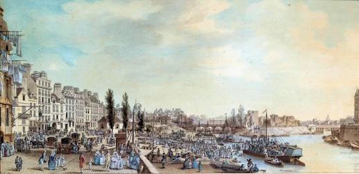 Vista del puerto de Saint Paul y la oficina de barcos de agua en 1782. Pintura al pastel de Louis de Lespinasse (1734-1808) 1782 París, Museo Carnavalet