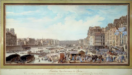 Vista del puerto en la ballena desde el antiguo Marché aux veaux hacia el puente Notre-Dame en París