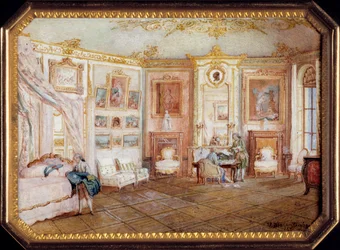 Tapa de una tabaquera por Alexandre Leferre (ca. 1806-ca. 1838) decorada con una pintura en miniatura de Louis Nicolas Van Blarenberghe (1716-1794) representando una habitación bajo Luis XV. Alrededor de 1770. París, museo del Louvre