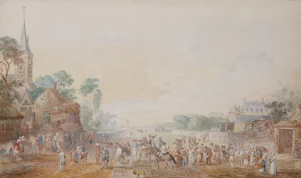 El duque de Penthievre con Benjamin Franklin a su derecha asistiendo a una revisión de su regimiento voluntario junto a su castillo en Rambouillet