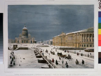 Catedral de San Isaac y Plaza del Senado en San Petersburgo. Dibujo de Louis Pierre Alphonse Bichebois (Louis-Pierre-Alphonse) (1801-1850). Litografía coloreada a la acuarela,