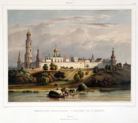 El Convento de San Simón (Simeón), Moscú (Vista del Monasterio Simonov en Moscú). Obra de Louis Pierre Alphonse Bichebois (1801-1850), grabado coloreado en acuarela, principios del siglo XIX. Arte francés, paisaje, clasicismo. Museo Estatal de A.S.