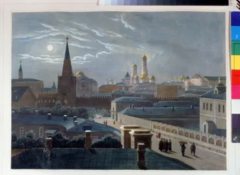 Vista del Kremlin de Moscú. Dibujo de Louis Pierre Alphonse Bichebois (1801-1850). Litografía coloreada a la acuarela, hacia 1830-1840, arte francés, clasicismo. Museo Conmemorativo A. Pushkin, San Petersburgo. ©FineArtImagen