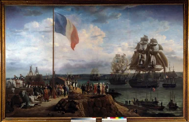 El emperador Napoleón I y María Luisa asisten al escuadrón del almirante Troude en Cherburgo el 30/05/1811