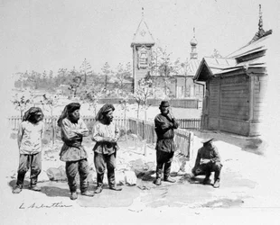 Los campesinos de un pequeño pueblo ruso con una red de mosquitos en la cara y una estación de tren del Transiberiano. 1913. Ilustración de Sabatier