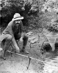 Escena de pesca en un río con una caña y un anzuelo. Ilustración de L. Sabattier. Siglo XIX