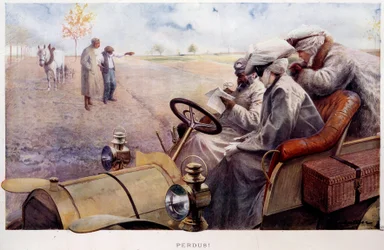 ¡Perdidos! Viajeros buscando el camino en el campo. Grabado por Louis Remy Sabattier (1863-1935), principios del siglo XX. París, Museo Carnavalet