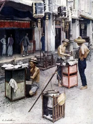 Restaurantes móviles en el barrio chino de Singapur. Ilustración de L. Sabatier. Siglo XIX