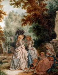 Paseo en el parque. Mujeres jóvenes elegantes durante un momento de relajación en un jardín. Acuarela de Louis Trinquesse (1746-1800). Siglo XVIII. París, Museo Carnavalet