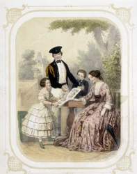 Familia alrededor de un libro de imágenes - en “Album du jeune voyageur”, ilustrado por Louis Lassalle