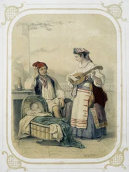Familia en el Reino de Nápoles, Italia - en "Álbum del joven viajero", ilustrado por Louis Lassalle