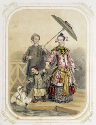 Familia caminando en China - en "Album du jeune voyageur", ilustrado por Louis Lassalle