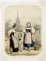 Dos mujeres y una niña en Suiza - en “Album du jeune voyageur”, ilustrado por Louis Lassalle