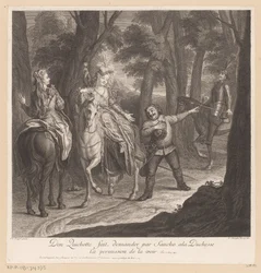 Don Quijote hace que Sancho pida permiso a la duquesa para verla Don Quijote fait demander par Sancho ala Duchesse ca permiso de la voir (título sobre objeto) Historia de Don Quijote de La Mancha (título de la serie)