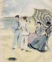 Baños de mar: en la playa. de L. Vallet. Acuarela. 1892