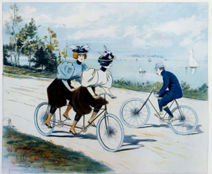 Paseo dominical. Paseo en bicicleta: un hombre en bicicleta mira a dos mujeres en un tándem. Dibujo de Louis Vallet (1856 -?)