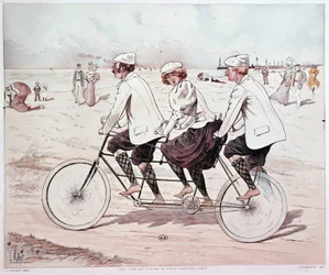 Tándem, tres personas en bicicleta en la playa - dibujo de L. Vallet
