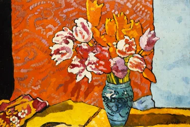 Jarrón azul, tulipanes y cortinas; Vase Bleu, Tulipes et Draperie