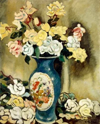 Ramo de rosas rojas en jarrón azul, c.1920 (óleo sobre lienzo)