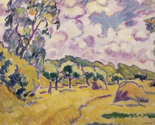 Paisaje con almiares (óleo sobre lienzo)
