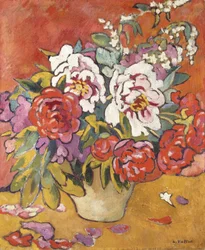 Peonías en una jarra sobre fondo rojo, c.1918 (óleo sobre lienzo)