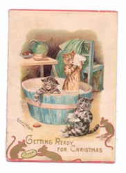 Una tarjeta navideña victoriana con dos gatos en una bañera mientras dos ratones juegan con una pastilla de jabón, hacia 1880