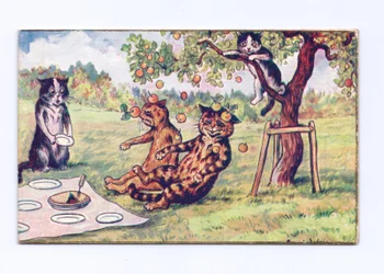 Tarjeta de felicitación victoriana de manzanas cayendo sobre dos gatos en un picnic, c.1880