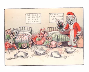 Tarjeta de felicitación victoriana de gatitos acobardados ante la vista de un gato vestido como Papá Noel, c.1880