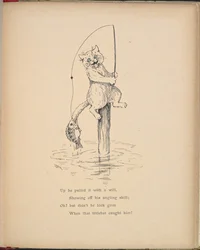 Un gato pescando con caña.
