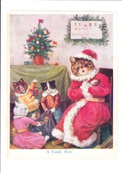 Una estampa de Louis Wain de una fiesta navideña de gatos, con un gato padre antropomorfizado vestido de Papá Noel, rodeado de gatitos y un árbol de Navidad, hacia 1890