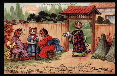 Animales en postura humana. Gato en kimono bebiendo té en un jardín japonés. Tarjeta postal. Cromolitografía de Louis Wain (1860-1939), artista inglés conocido por su representación de gatos con grandes ojos. Principios del siglo XX. Colección pr