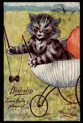 Diabolo. Incluso el bebé juega con él. Animales en postura humana. Gatito jugando con un diabolo en su cuna. Tarjeta postal. Cromolitografía de Louis Wain (1860-1939), artista inglés conocido por su representación de gatos con ojos grandes. Principios del 