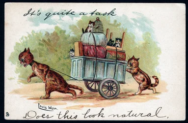 Es una tarea ardua, ¿esto parece natural? Animales en postura humana. Gatos tirando de un carro en el que están sus gatitos y sus pertenencias para la mudanza. Tarjeta postal. Cromolitografía de Louis Wain (1860-1939), artista inglés conocido por su repres