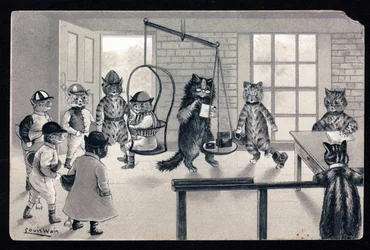 Nosotros disfrutamos del buen tiempo. Animales en postura humana. Gato en jockey pesándose en una balanza. Tarjeta postal. Cromolitografía de Louis Wain (1860-1939), artista inglés conocido por su representación de gatos con grandes ojos. Principios del si