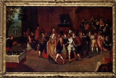 Baile en la época de Enrique III, anteriormente llamado "Una fiesta en la corte de Enrique III", circa 1580. Pintura atribuida a Louis de Caulery (Caullery) (conocido como el Maestro del Libro de Bocetos de Leningrado) (ca. 1580-ca. 1621). Finales del sigl