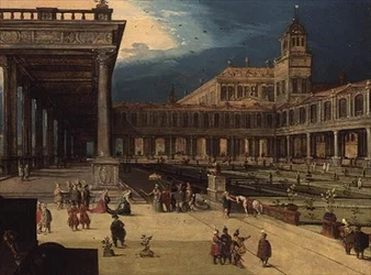 Los jardines y el patio de un palacio renacentista
