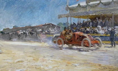 Primer Gran Premio del Automobile Club de France en 1906, llegada del ganador, Compiegne, Francia, pintura de Louis-Marie de Schryver (1862-1942)