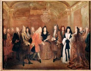El rey de Francia Luis XIV recibe al príncipe Federico Augusto I en el castillo de Fontainebleau