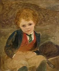 Estudio de un niño sentado en una carretilla