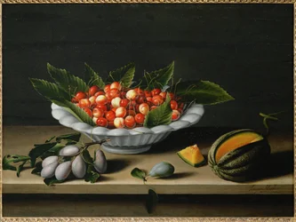 Taza de cerezas, ciruelas y melón ...