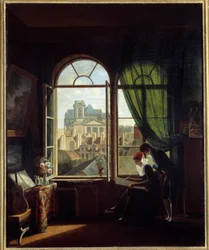 Interior de artista con vista sobre la fachada de LeGlise Saint Eustache en París" Pintura de Louise Adeone Drolling (1797-1831) Siglo XIX Sol. 0,72x0,58 m París, Museo Carnavalet