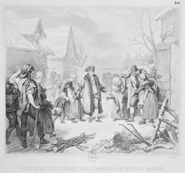 Luis XVI (1754-93) distribuyendo limosnas a los campesinos en 1788, grabado por A. Lefevre